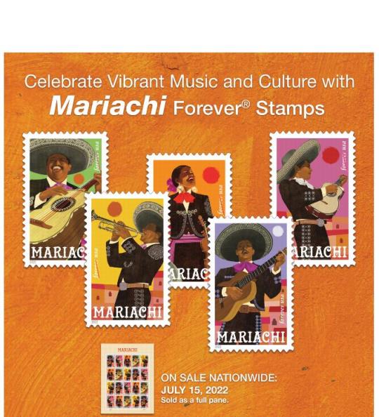Celebrate Vibrant Music and Culture with Mariachi Forever Stamps. On Sale Nationwide: July 15,, 2022. Sold as a full pane.