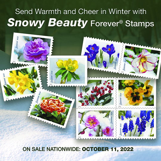 Back cover (Postal Bulletin 22614). December 29, 2022. Send Warmth and Cheer in Winter with Snowy Beauty Forever Stamps. On Sale Nationwide: October 11, 2022.
