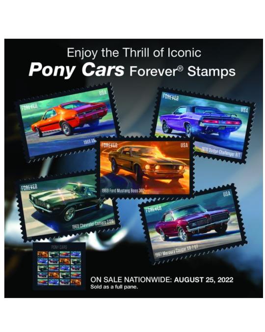 Enjoy the Thrill of Iconic Pony Cars Forever Stamps. On Sale Nationwide: August 25, 2022