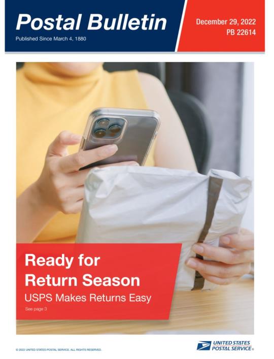 Front Cover: Postal Bulletin 22614, December 29, 2022. Ready for Return Season. USPS Makes Returns Easy.