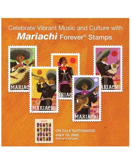 Celebrate Vibrant Music and Culture with Mariachi Forever Stamps. On Sale Nationwide: July 15, 2022.