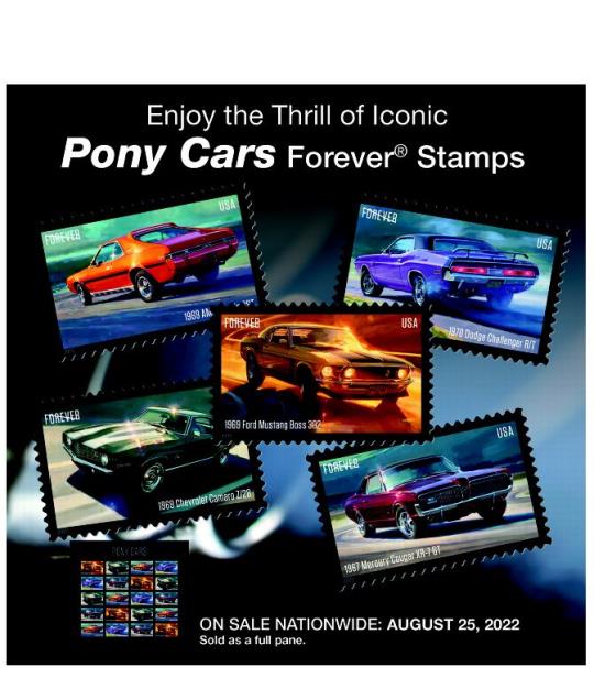 Enjoy the Thrill of Iconic Pony Cars Forever Stamps. On sale nationwide: August 25, 2022. Sold as a full pane.