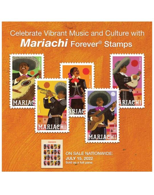 Celebrate Vibrant Music and Culture with Mariachi Forever Stamps. On sale nationwide: July 15, 2022. Sold as a full pane.