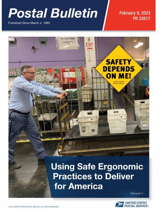 Front Cover: Postal Bulletin 22617. February 9, 2023. Using Safe Ergonomic Practices to Deliver.