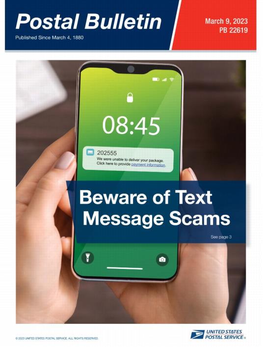 Front Cover: Postal Bulletin 22619. March 9, 2023. Beware of Text Message Scams.