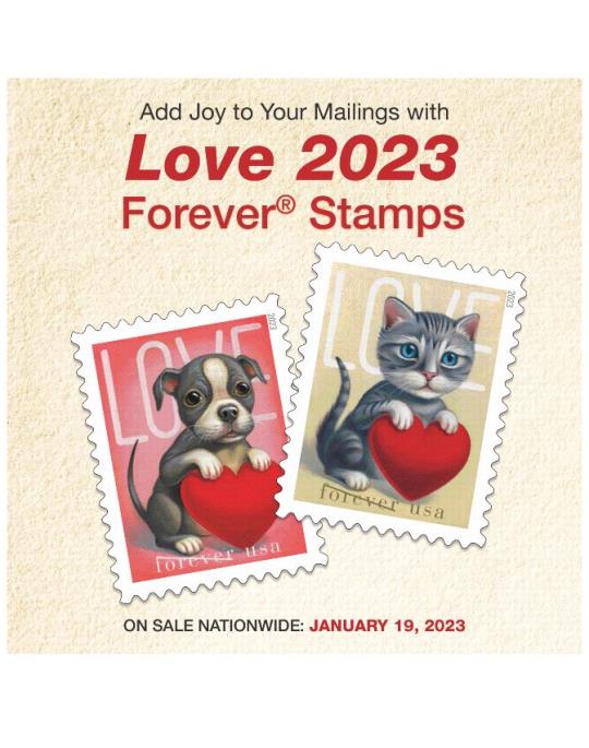 Add Joy to Your Mailings with Love 2023 Forever Stamps. On Sale Nationwide: January 19, 2023.