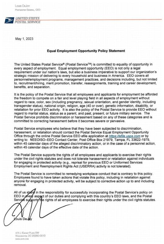 Postal Service’s Equal Employment Opportunity Statement is available on the Postal Service PolicyNet website