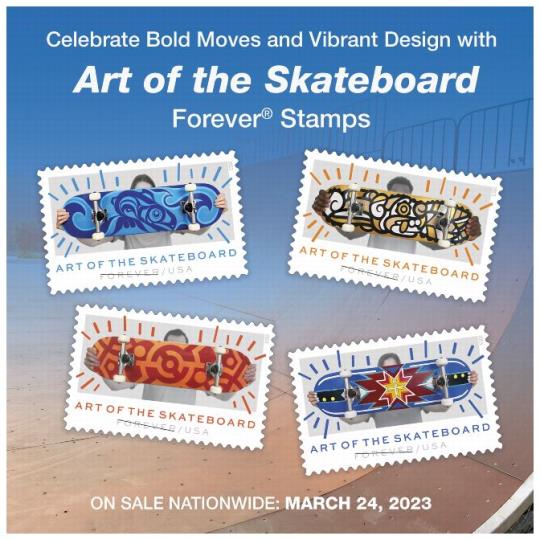 Back cover (Postal Bulletin 22630). August 10, 2023. Celebrate Bold Moves and Vibrant Design with Art of the Skateboard Forever Stamps. On Sale Nationwide: March 24, 2023.