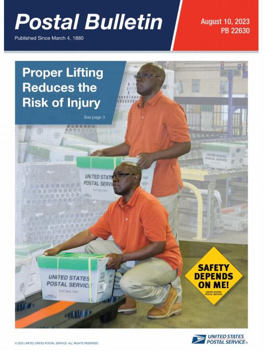 Front Cover: Postal Bulletin 22630. August 10, 2023. Proper Lifting Reduces the Risk of Injury