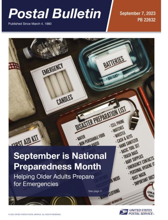 Front Cover: Postal Bulletin 22632. September 7, 2023. September is National Preparedness Month: Helping Older Adults Prepare for Emergencies.