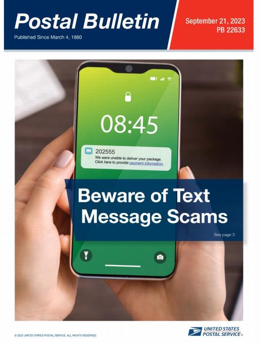 Front Cover: Postal Bulletin 22633. September 21, 2023. Beware of Text Message Scams.