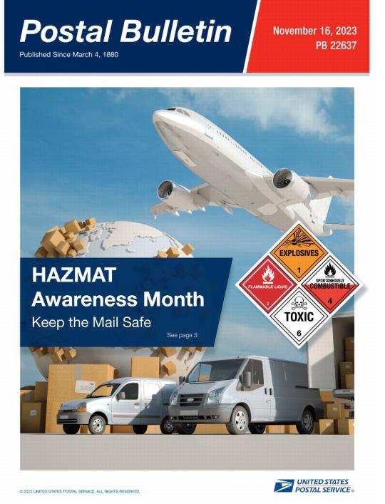 Front Cover: Postal Bulletin 22637. November 16, 2023. HAZMAT Awareness Month: Keep the Mail Safe.