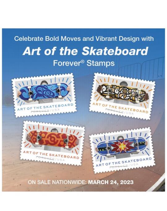 Celebrate Bold Moves and Vibrant Design with Art of the Skateboar Forever Stamps.On sale nationwide: March 24, 2023