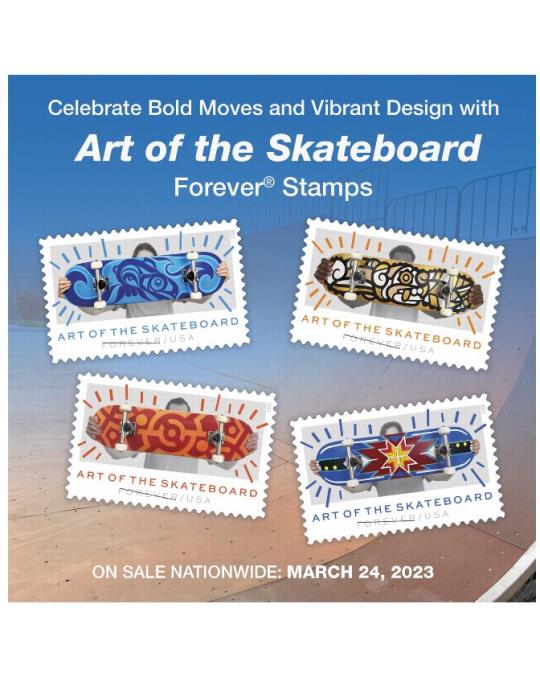 Celebrate Bold Moves and Vibrant Design with Art of the Skateboard Forever Stamps. On Sale Nationwide: March 24, 2023.