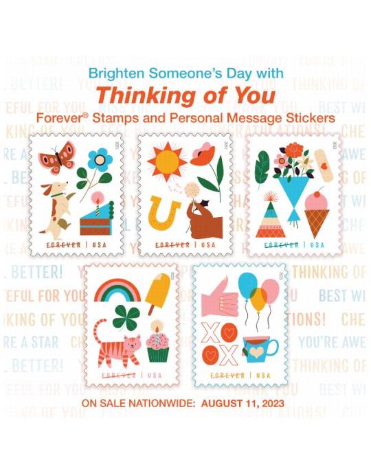 Brighten Someone’s Day with Thinking of You Forever Stamps and Personal Message Stickers. On Sale Nationwide: August 11, 2023.