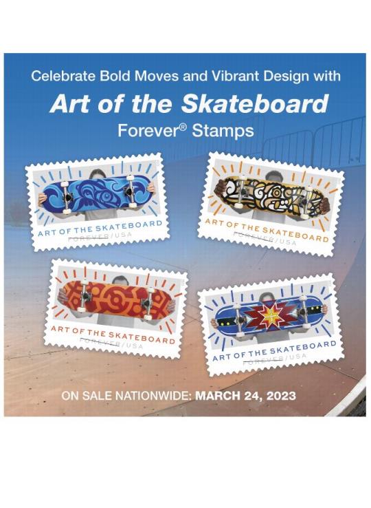 Celebrate Bold Moves and Vibrant Design with Art of the Skateboard Forever Stamps. On Sale Nationwide: March 24, 202023.