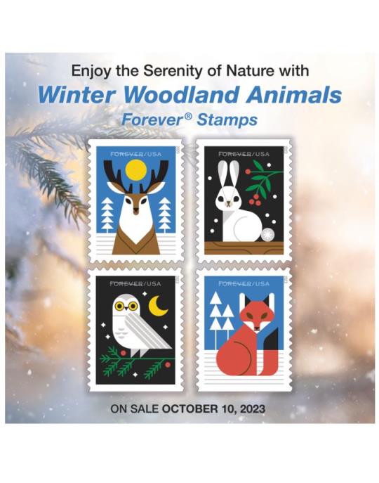 Enjoy the serenity of Nature with Winter Woodland Animals Forever Stamps. On Sale Nationwide: October 10, 2023.