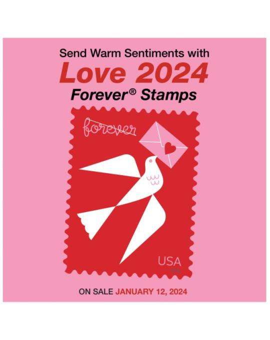Send Warm Sentiments with Love 2024 Forever Stamps. On Sale January 12, 2024.