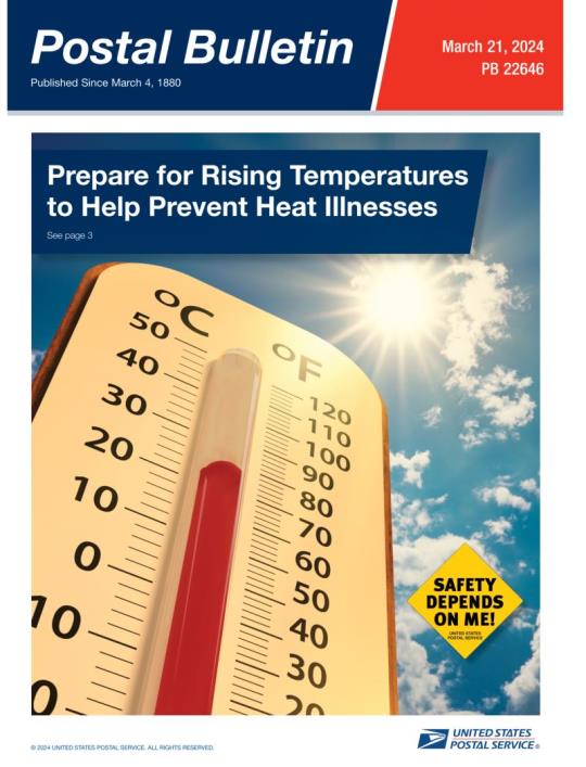 Front Cover: Postal Bulletin 22646. March 21, 2024. Prepare for Rising Temperatures to Help Prevent Heat Illnesses.
