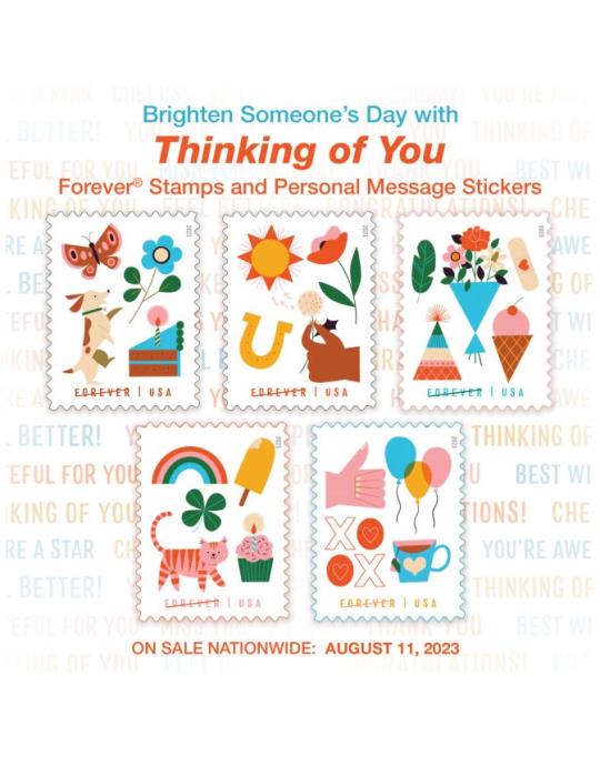 "Thinking of You" Forever Stamps On Sale Nationwide: August 11, 2023.