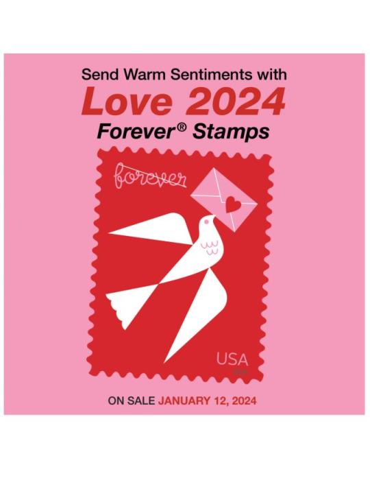 Send Warm Sentiments with Love 2024 Forever Stamps. On Sale January 12, 2024.