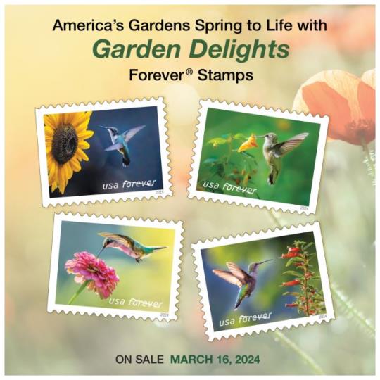 Back cover (Postal Bulletin 22650 (May 15, 2024). America’s Gardens Spring to Life with Garden Delights Forever Stamps. On Sale March 16, 2024.