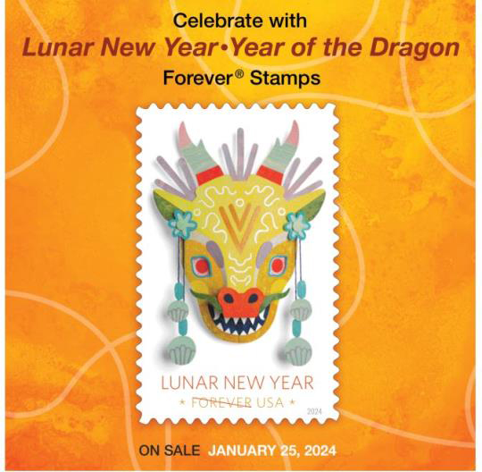 Celebrate with Lunar New Year - Year of the Dragon Forever Stamps. On Sale January 25,2024