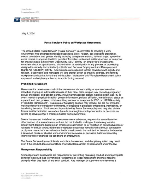 Postal Service’s Policy on Workplace Harassment (page 1 of 2)