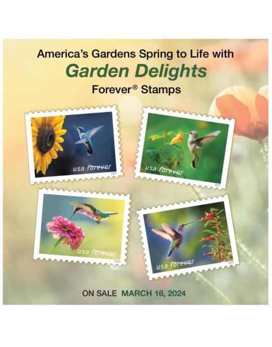 America’s Gardens Spring to Life with Garden Delights Forever Stamps. On Sale March 16, 2024