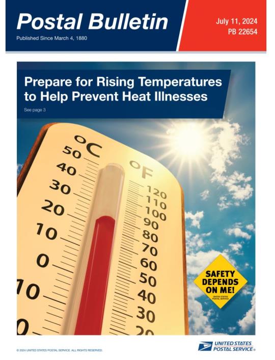 Front Cover: Postal Bulletin 22654. JJuly 11, 2024. Prepare for Rising Temperatures to Help Prevent Heat Illnesses.