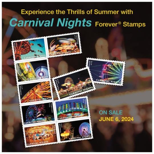 Back cover (Postal Bulletin 22655 (July 25, 2024).CExperience the Thrills of Summer with Carnival Nights Forever Stamps. On Sale June 6, 2024.