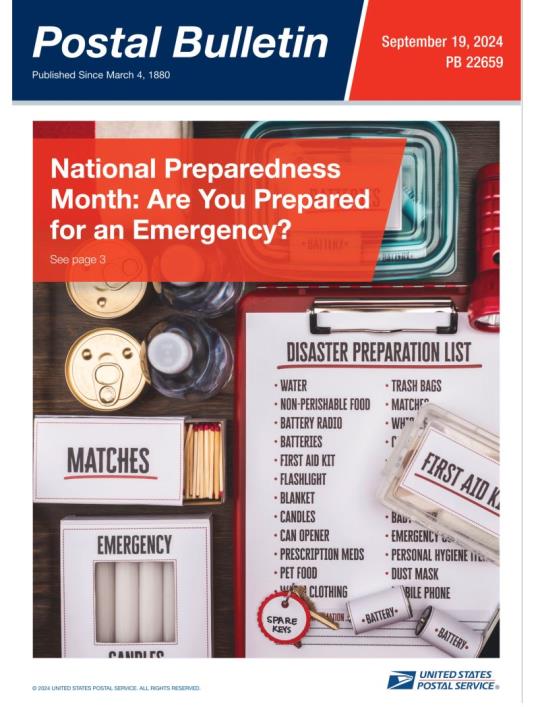 Front Cover: Postal Bulletin 22659. September 19, 2024. National Preparedness Month: Are You Prepared for an Emergency?