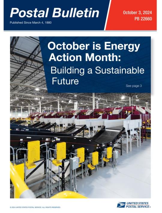 Front Cover: Postal Bulletin 22660. October 3, 2024. October is Energy Action Month: Building a Sustainable Future.