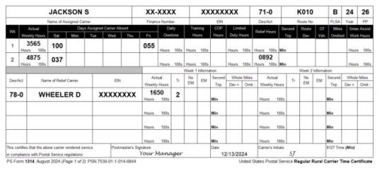 Exhibit 2. Regular Carrier Not on Relief Day Work List Works Relief Day (Week 2) and Does Not Receive an X Day in the Same Pay Period