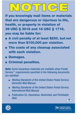 Poster 318, NOTICE If you knowingly mail items or materials that are dangerous or injurious to life, health, or property in violation of 39 USC § 3018 and 18 USC § 1716,