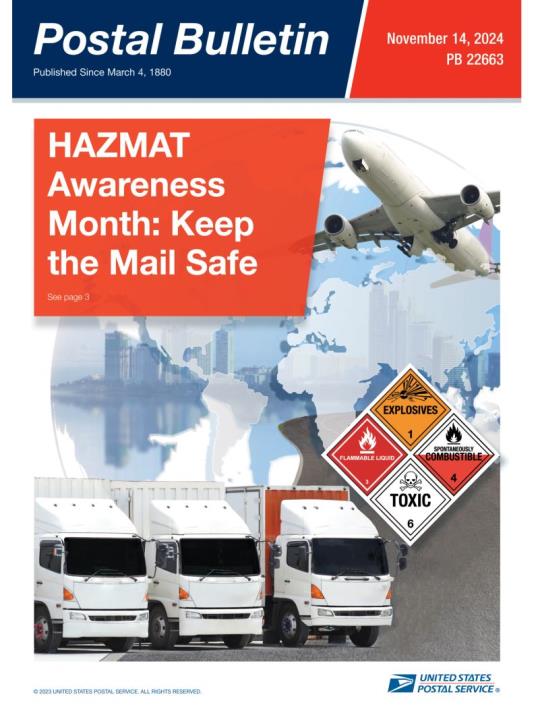 Front Cover: Postal Bulletin 22663. November 14, 2024. HAZMAT Awareness Month: Keep the Mail Safe.