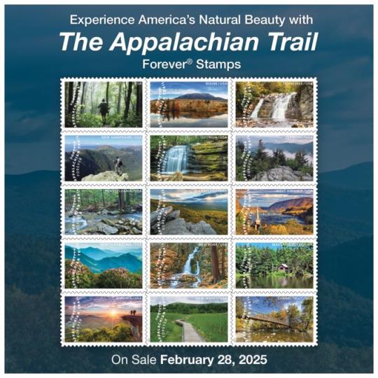 Back Cover: Experience America’s natural Beauty with The Appalachian Trail Forever Stamps. On Sale February 28, 2025.