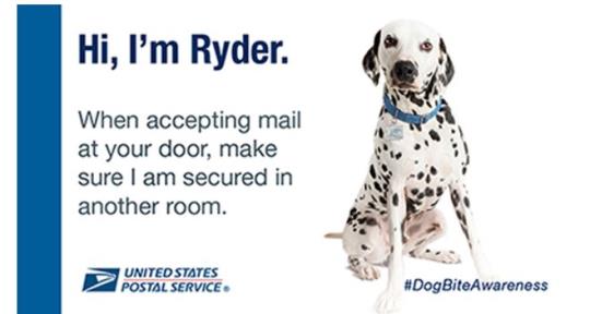 Dog Bite Ad: Hi, I'm Ryder. When accepting mail at your door, make sure I am secured in another room. United States Postal Service #DogBiteWareness Dog Bite Ad: Hi, I'm Ryder. When accepting mail at your door, make sure I am secured in another room. United States Postal Service #DogBiteWareness