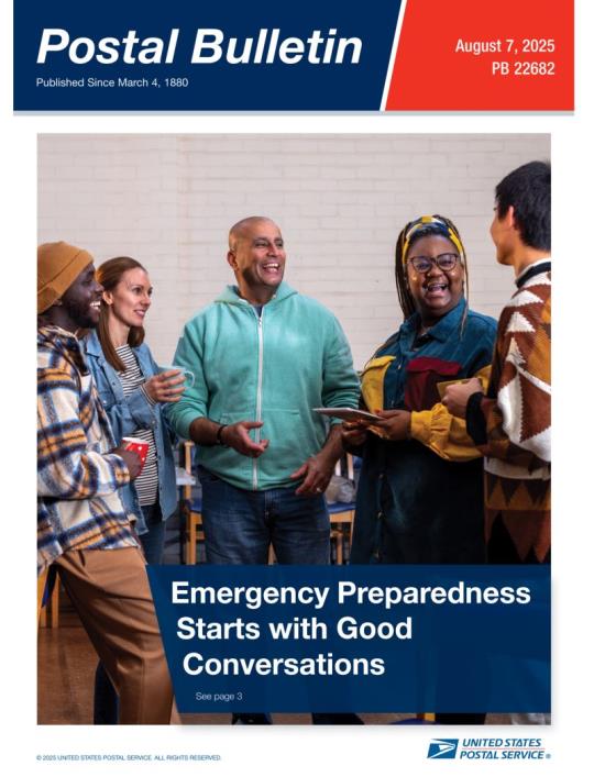 Front Cover: Postal Bulletin 22682. August 7, 2025. Emergency Preparedness Starts with Good Conversations.
