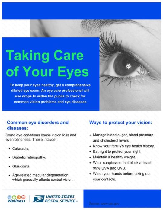 Taking Care of Your EyesTo keep your eyes healthy, get a comprehensive dilated eye exam. An eye care professional will use drops to widen the pupils to check for common vision problems and eye diseases.Common eye disorders and diseases:Some eye conditions cause vision loss and even blindness. These include:CataractsDiabetic retinopathyGlaucomaAge-related macular degeneration, which gradually affects central visionWays to protect your vision: Manage blood sugar, blood pressure and cholesterol levelsKnow your family’s eye health history Eat right to protect your sight Maintain a healthy weightWear sunglasses that block at least 99% UVA and UVBWash your hands before taking out your contacts