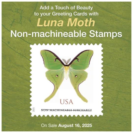 Back Cover: Add a Touch of Beauty to your Greeting Cards with Luna Moth Non-machineable Stamps. On Sale August 16, 2025