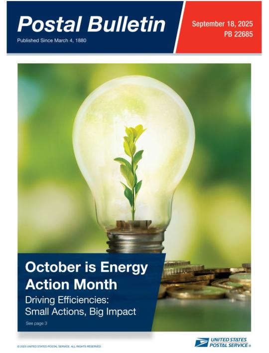 Front Cover: Postal Bulletin 22685. September 18, 2025. October is Energy Action Month -- Driving Efficiencies: Small Actions, Big Impact