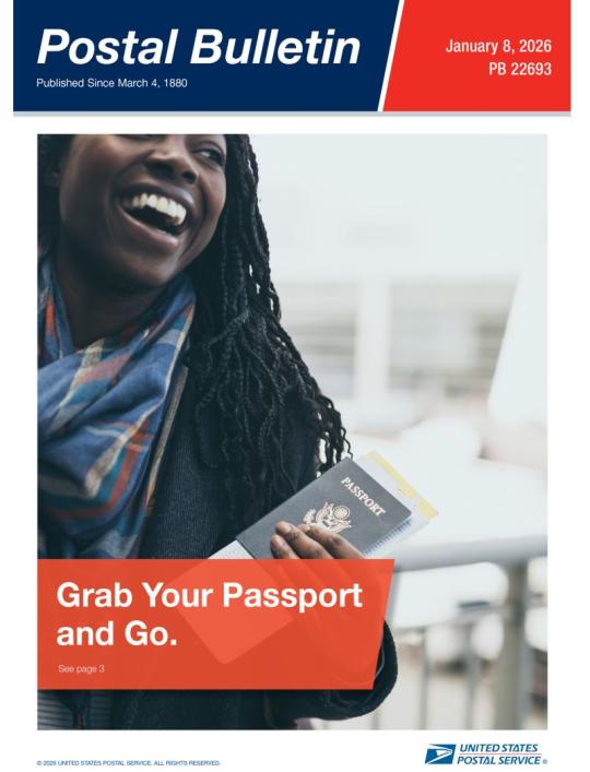 Front Cover: Postal Bulletin 22693. January 8, 2026. Grab Your Passport and Go.