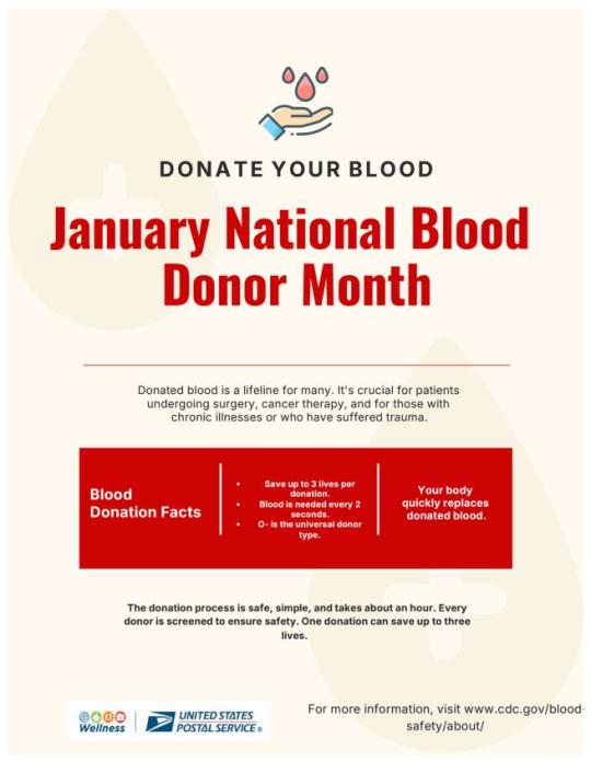 Donate Your BloodJanuary National Blood Donor MonthDonated blood is a lifeline for many. It’s crucial for patients undergoing surgery, cancer therapy, and for those with chronic illnesses or who have suffered trauma.Blood Donation Facts* Save up to 3 lives per donation.* Blood is needed every 2 seconds.* O- is the universal donor type.* Your body quickly replaces donated blood.The donation process is safe, simple, and takes about an hour. Every donor is screened to ensure safety. One donation can save up to three lives.For more information, visit www.cdc.gov/blood-safety/about/ Donate Your BloodJanuary National Blood Donor MonthDonated blood is a lifeline for many. It’s crucial for patients undergoing surgery, cancer therapy, and for those with chronic illnesses or who have suffered trauma.Blood Donation Facts* Save up to 3 lives per donation.* Blood is needed every 2 seconds.* O- is the universal donor type.* Your body quickly replaces donated blood.The donation process is safe, simple, and takes about an hour. Every donor is screened to ensure safety. One donation can save up to three lives.For more information, visit www.cdc.gov/blood-safety/about/