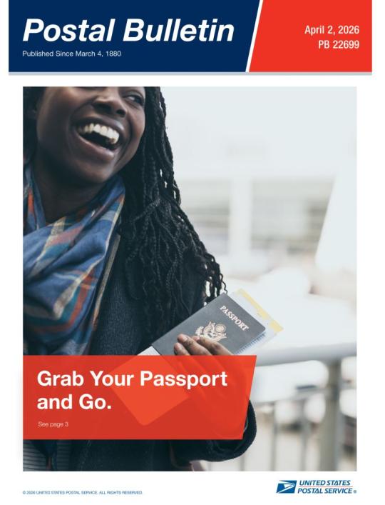 Front Cover: Postal Bulletin 22699. April 2, 2026. Grab Your Passport and Go.