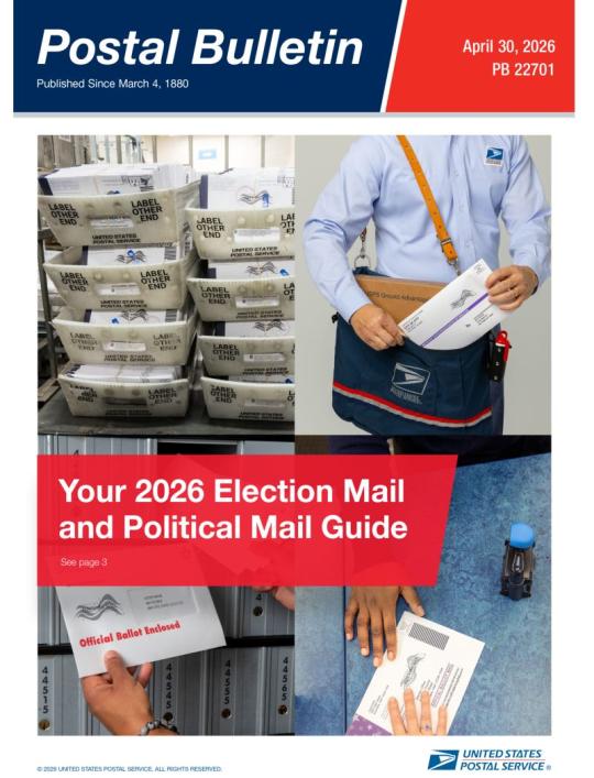 Front Cover: Postal Bulletin 22701. April 30, 2026. Your 2026 Election Mail and Political Mail Guide