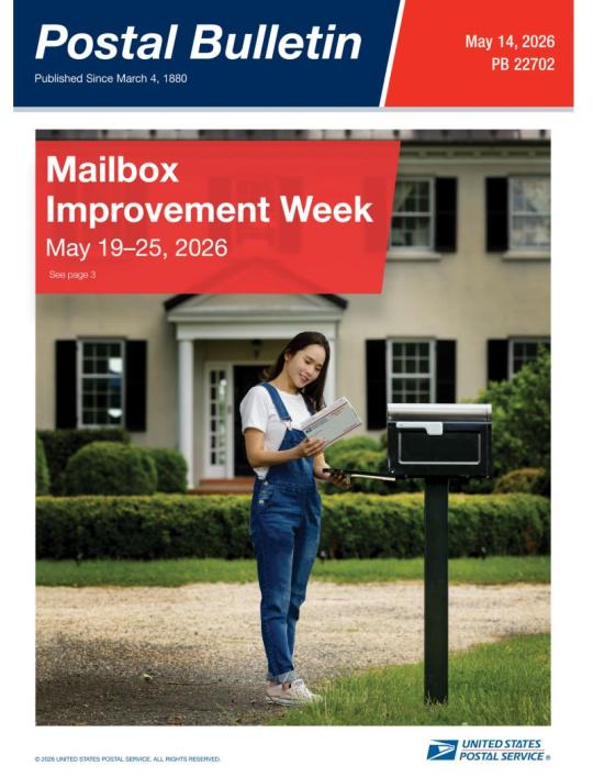 Front Cover: Postal Bulletin 22702 (May 14, 2026). Mailbox Improvement Week (May 19-25, 2026.