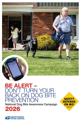 Poster: Be Alert - Don't Turn Your Back on Dog Bite Prevention National Dog Bite Awareness Campaign 2026.
