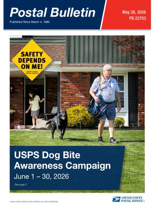 Front Cover: Postal Bulletin 22703 (May 28, 2026). USPS Dog Bite Awareness Campaign June 1-30, 2026.