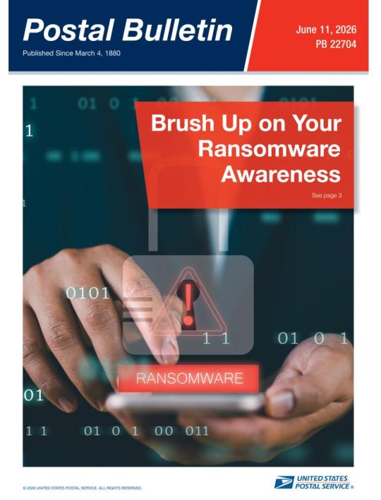 Front Cover: Postal Bulletin 22704 (June 11, 2026). Brush Up on Your Ransomeware Awareness.